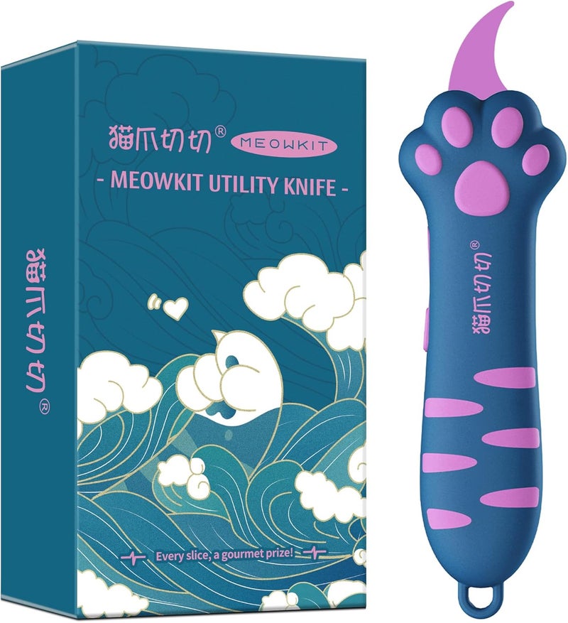MEOWKIT Cat Paw Box Cutter Retractable with Cat Paw Handle, Multifunctional Knife Set (Peacock blue) - Image 1